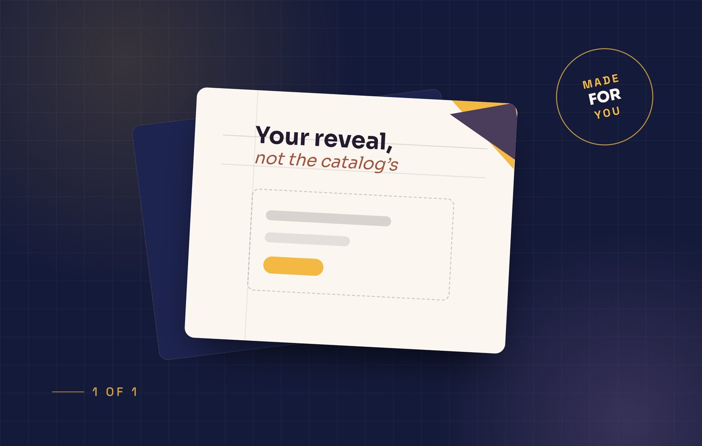 A Revealz reveal card being designed on a drafting grid